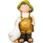 Dekorácia MagicHome, Chlapček s húskou v hnedom oblečení, keramika, 6,5x12,5x19 cm