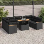Set canapele de grădină cu perne, 10 piese, negru, poliratan GartenMobel Dekor