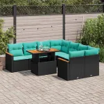 Set mobilier de grădină cu perne, 9 piese, negru, poliratan GartenMobel Dekor