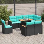 Set mobilier de grădină cu perne, 9 piese, negru, poliratan GartenMobel Dekor