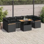 Set mobilier grădină perne 8 piese negru, poliratan/lemn acacia GartenMobel Dekor