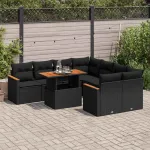 Set mobilier grădină perne 9 piese negru poliratan/lemn acacia GartenMobel Dekor