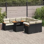 Set mobilier grădină perne 9 piese negru poliratan/lemn acacia GartenMobel Dekor
