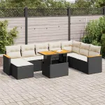 Set mobilier grădină perne 9 piese negru poliratan/lemn acacia GartenMobel Dekor