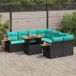 Set mobilier de grădină cu perne, 9 piese, negru, poliratan GartenMobel Dekor