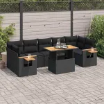 Set mobilier grădină perne 8 piese negru, poliratan/lemn acacia GartenMobel Dekor