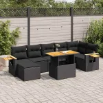 Set mobilier grădină perne 8 piese negru, poliratan/lemn acacia GartenMobel Dekor