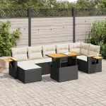 Set mobilier grădină perne 8 piese negru, poliratan/lemn acacia GartenMobel Dekor