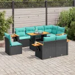 Set mobilier grădină perne 9 piese negru poliratan/lemn acacia GartenMobel Dekor