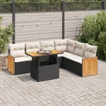 Set canapele grădină perne 7 piese negru, poliratan/lemn acacia GartenMobel Dekor