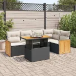 Set mobilier grădină perne 6 piese negru poliratan/lemn acacia GartenMobel Dekor