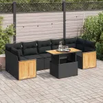 Set mobilier grădină perne 8 piese negru, poliratan/lemn acacia GartenMobel Dekor