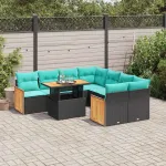 Set mobilier grădină perne 9 piese negru poliratan/lemn acacia GartenMobel Dekor