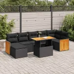 Set mobilier grădină perne 8 piese negru, poliratan/lemn acacia GartenMobel Dekor