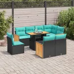 Set mobilier grădină perne 9 piese negru poliratan/lemn acacia GartenMobel Dekor