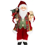 Decoratiune de Craciun Mos Craciun cu cadou si ursulet, rosie, 60 cm