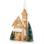 Decorațiune biserică de Crăciun din lemn cu 15 LED-uri și timer, 42 cm