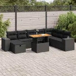 Set mobilier grădină perne 9 piese negru poliratan/lemn acacia GartenMobel Dekor