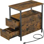 Noptieră VASAGLE cu priză incorporată, 2 sertare și rafturi, maro rustic