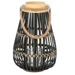 Lampion decorativ din lemn si sticla, negru, 25x40 cm pentru interior si exterior