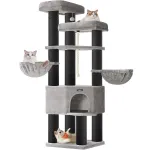 FEANDREA Ansamblu de joaca pentru pisici XXL, 5 niveluri, stalpi sisal, pentru pisici de talie mare, 55x55x187 cm, gri