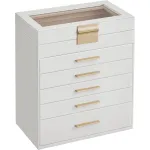 Cutie de bijuterii Songmics cu 6 niveluri, capac din sticla si 5 sertare, alb auriu