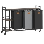 Coș de rufe VASAGLE cu 3 compartimente, rafturi și roți, 150 L, maro-negru