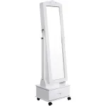 Oglinda cu dulap pentru bijuterii, LED, roti si cheie, alba, 35x45x156 cm