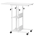 Birou reglabil pe inaltime cu rafturi laterale si roti, 80x40 cm, alb