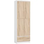 Dulap inchis cu 2 usi si sertar, 4 rafturi, PAL laminat 16 mm, 60x35x180 cm, alb si stejar sonoma