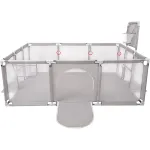 Tarc de joacă XXL pentru copii și bebe, gri, cu coș baschet, 230x122x62 cm