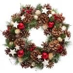 Coronita decorativa de Craciun cu frunze si conuri, 35 cm, multicolora