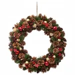 Coronita decorativa de Craciun cu frunze, conuri si stelute, 50 cm