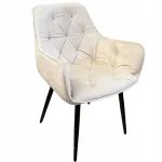 Fotoliu din catifea bej, tapitat, cu spatar inalt si cusaturi decorative