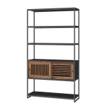 Biblioteca Vasagle cu 5 rafturi si dulap, metal si MDF nuc, 100x35x180 cm
