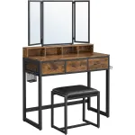 Măsuță de toaletă VASAGLE cu oglindă triplă, 3 sertare și taburet, maro rustic