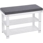 Bancă pentru pantofi din bambus cu pernă, 2 rafturi, alb/gri, 71 cm