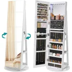 Oglindă de podea Songmics cu dulap pentru bijuterii, rotire 360° și LED