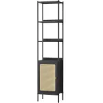 Bibliotecă îngustă VASAGLE cu 6 etaje și ușă efect ratan Boho, neagră