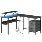 Birou in forma de L Vasagle cu LED, prize, USB si 2 sertare, negru