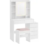 Masă de toaletă VASAGLE cu oglindă LED, taburet și 6 sertare, alb