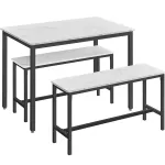 VASAGLE masa de bar cu 2 banci, design industrial, alb marmura, 110 x 70 cm
