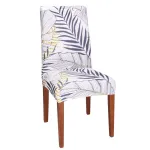 Husa elastica pentru scaun universala, model frunze, alb cu bleumarin si galben