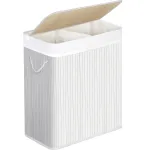 Cos de rufe din bambus SONGMICS, 100L, 2 compartimente, capac, alb