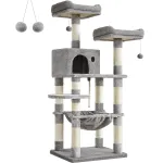 FEANDREA Ansamblu de joaca pentru pisici, tip copac, cu 3 culcusuri si ascunzatoare, 55x45x143cm, gri deschis