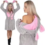 Halat de baie damă până la genunchi, cu glugă cu urechi, gri-roz, L/M