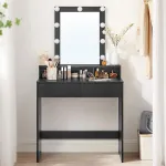 Masă de toaletă Vasagle cu LED, oglindă și 2 sertare, 80x40x145 cm, negru