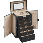 Cutie de bijuterii Songmics cu 6 nivele, oglindă și încuietoare, neagră