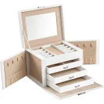 Cutie de bijuterii Songmics cu 4 niveluri, oglindă și încuietoare, albă