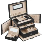 Cutie de bijuterii Songmics cu 3 nivele, oglinda, cheie si maner, neagra